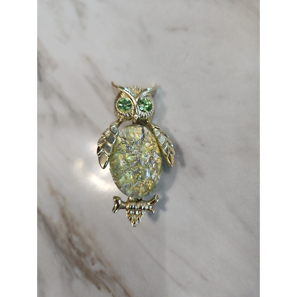 Vintage Owl Jelly Belly Foil Glass Cabochon Rhinestone Pin Brooch Gold Tone